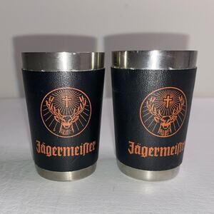 Jagermeister Shot Glasses set of 2 Stainless Steel with Logo on Leather Wrap